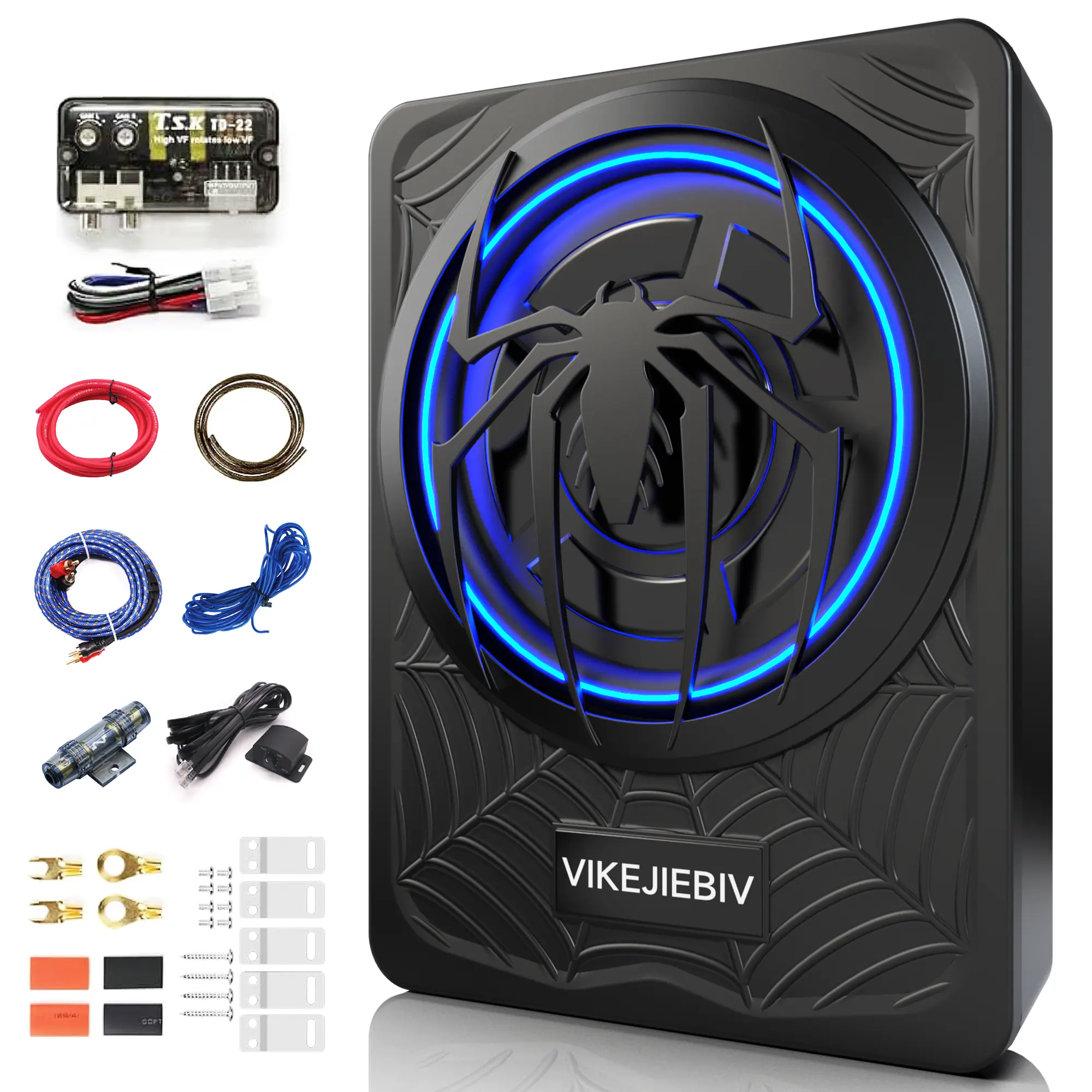 VIKEJIEBIV 1200W Slim Underseat Car Subwoofer & Amplifier Package - Ambient Light, Car Stereo Speaker, Individual Low Pass/Gain/Boost Bass Control, Accessory for Truck, SUV