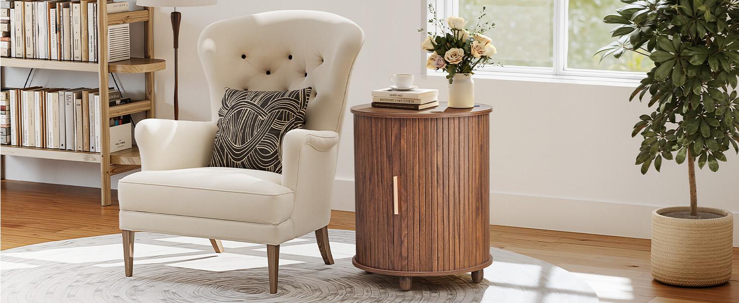 Giratree Fluted Round End Table with Charging Station, Farmhouse Small Sofa Side Table with Sliding Tambour Door & Storage, Mid-Century Wood Fulted Nightstands for Living Room, Bedroom Giratree Fluted Round End Table with Charging Station, Farmhouse Small Sofa Side Table with Sliding Tambour Door & Storage, Mid-Century Wood Fulted Nightstands for Living Room, Bedroom