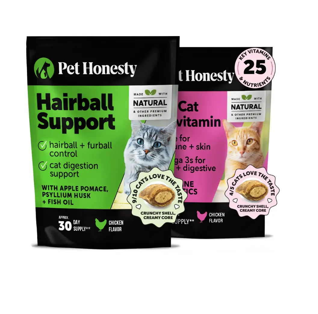 Pet Honesty Hairball Support + Cat Multivitamin Daily Essentials Bundle - Crunchy & Creamy Chews for Hairball Remedy, Immune Health, Joint Support, and Skin & Coat