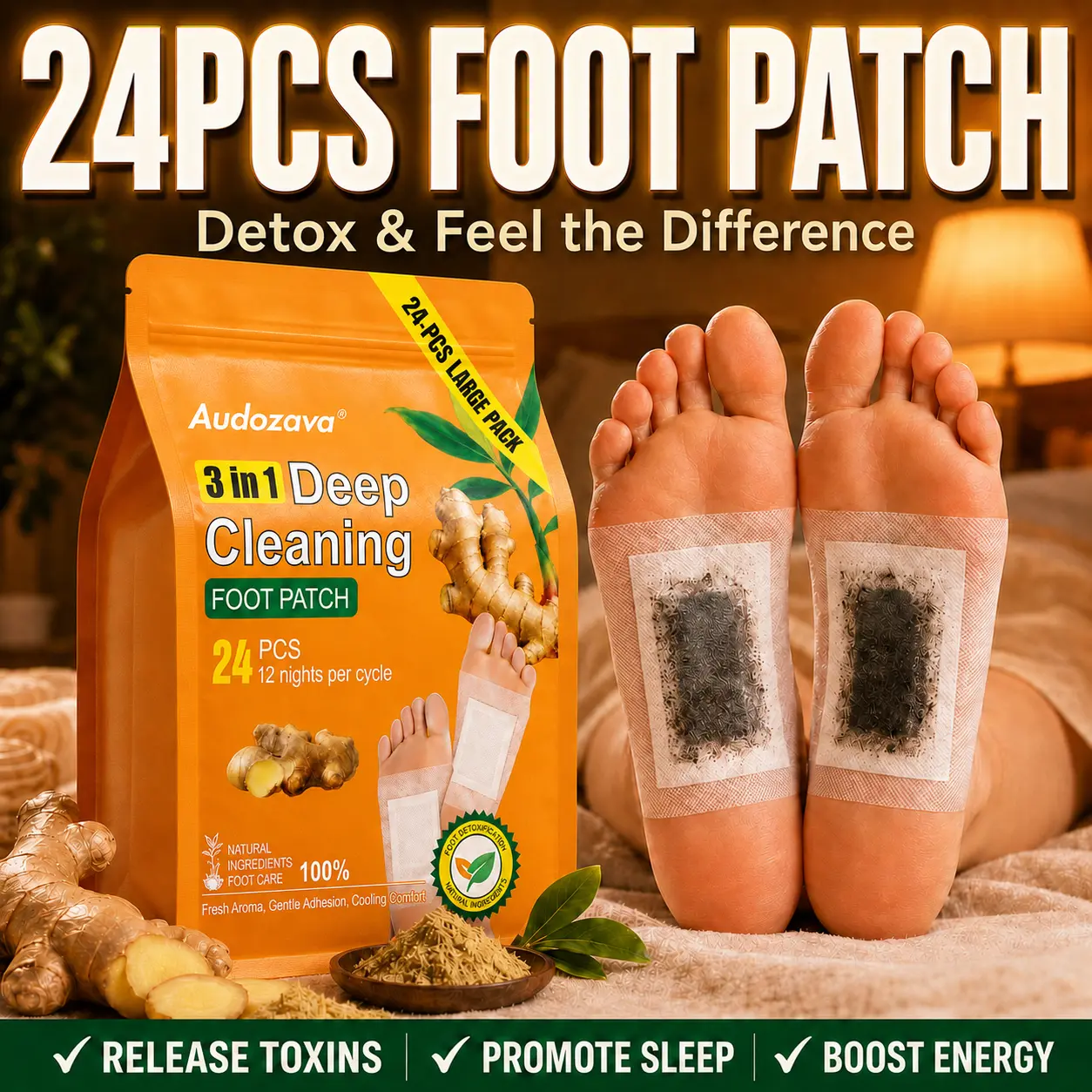24-Count Deep Cleansing Detox Foot Pads - 3-in-1 Natural Ginger & Bamboo Charcoal Patches, 12 Nights Cycle for Toxin Removal, Stress Relief & Better Sleep Turmeric, Foot Relief, Detox Foot Patch Natural Ingredients, Sleep Aid