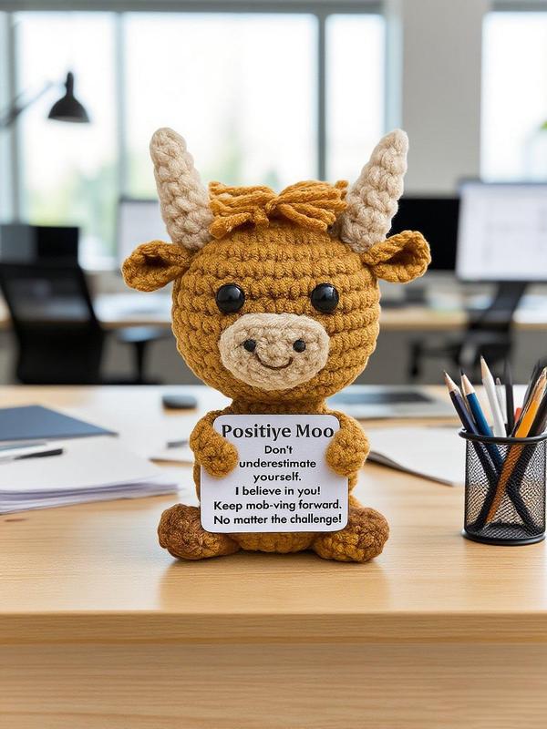 Positive Crochet Cow, Amigurumi Plush Toy, Motivational Bull Gift, Handmade Cow Stuffed Animal, Cute Desk Buddy, Uplifting Cow Decor