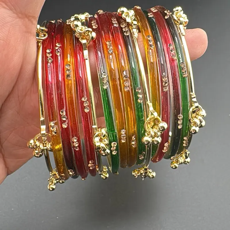 Glass Bangle Set - 12 Glass Bangles with 4 Ghunghru Bangles