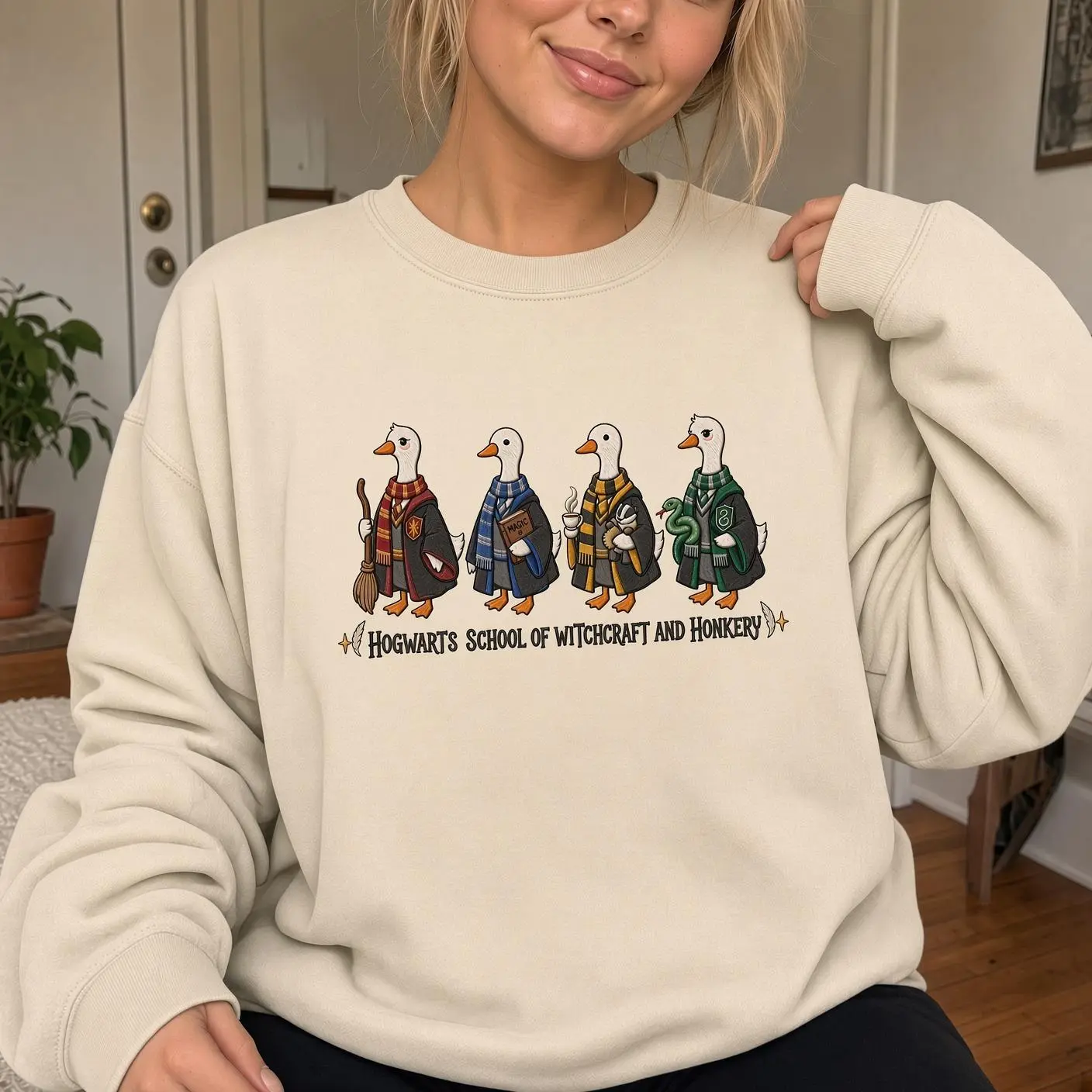 Harry Potter Goose Embroidered Sweatshirt, Hogwarts School of Witchcraft and Honkery Crewneck, Four Houses Silly Goose Sweater, Gryffindor Ravenclaw Hufflepuff Slytherin Goose Shirt, Funny Potterhead Gift