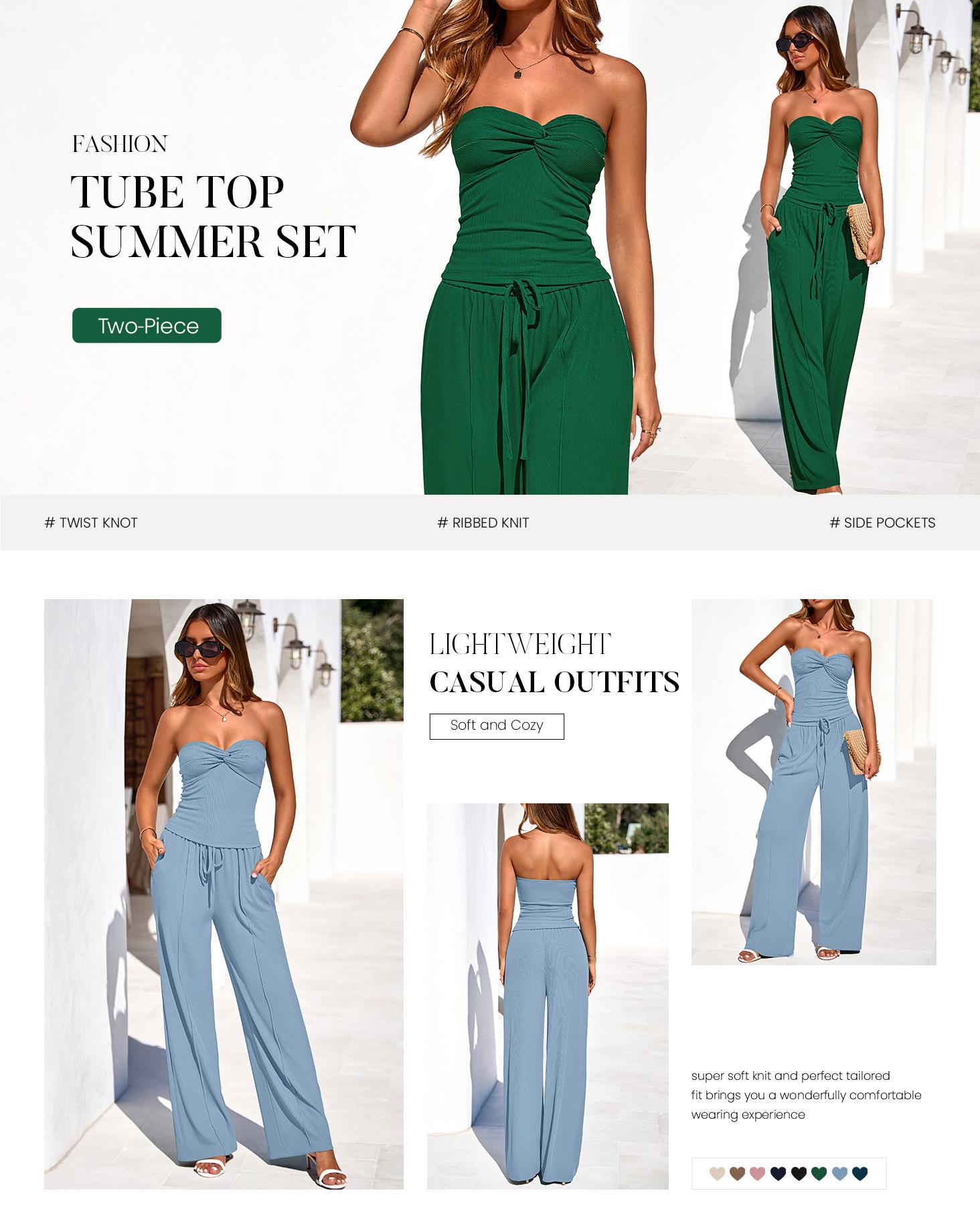BTFBM Two-Piece Sets For Women Summer Ribbed Strapless Twist Knot Tube Top Pants Set Casual 2026 Beach Vacation Outfits