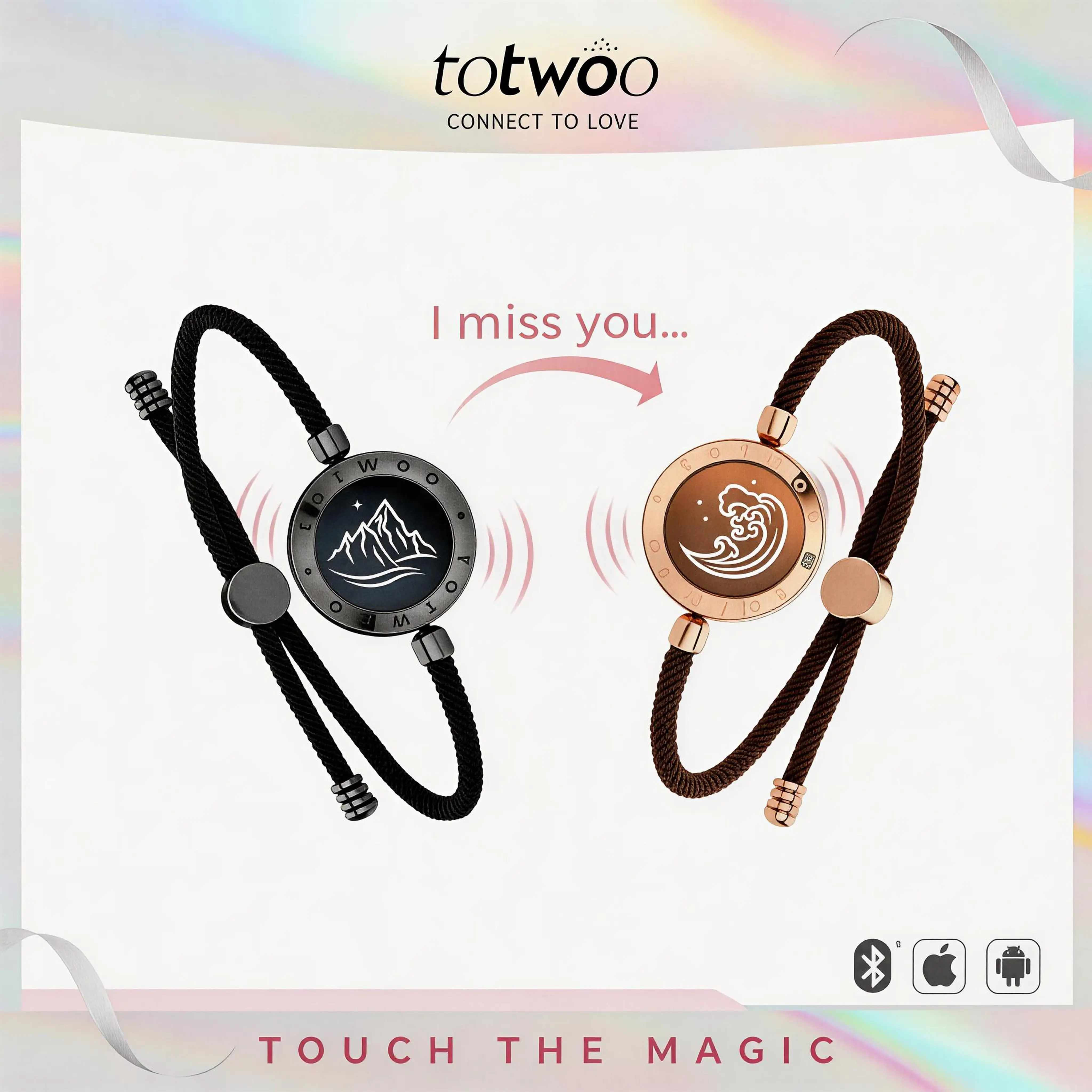 TOTWOO Couples' Long Distance Touch Bracelets - Light-Up, Vibration Features, 1-to-1 Bluetooth App Pairing, Women's Fashion Smart Jewelry Romantic Gift