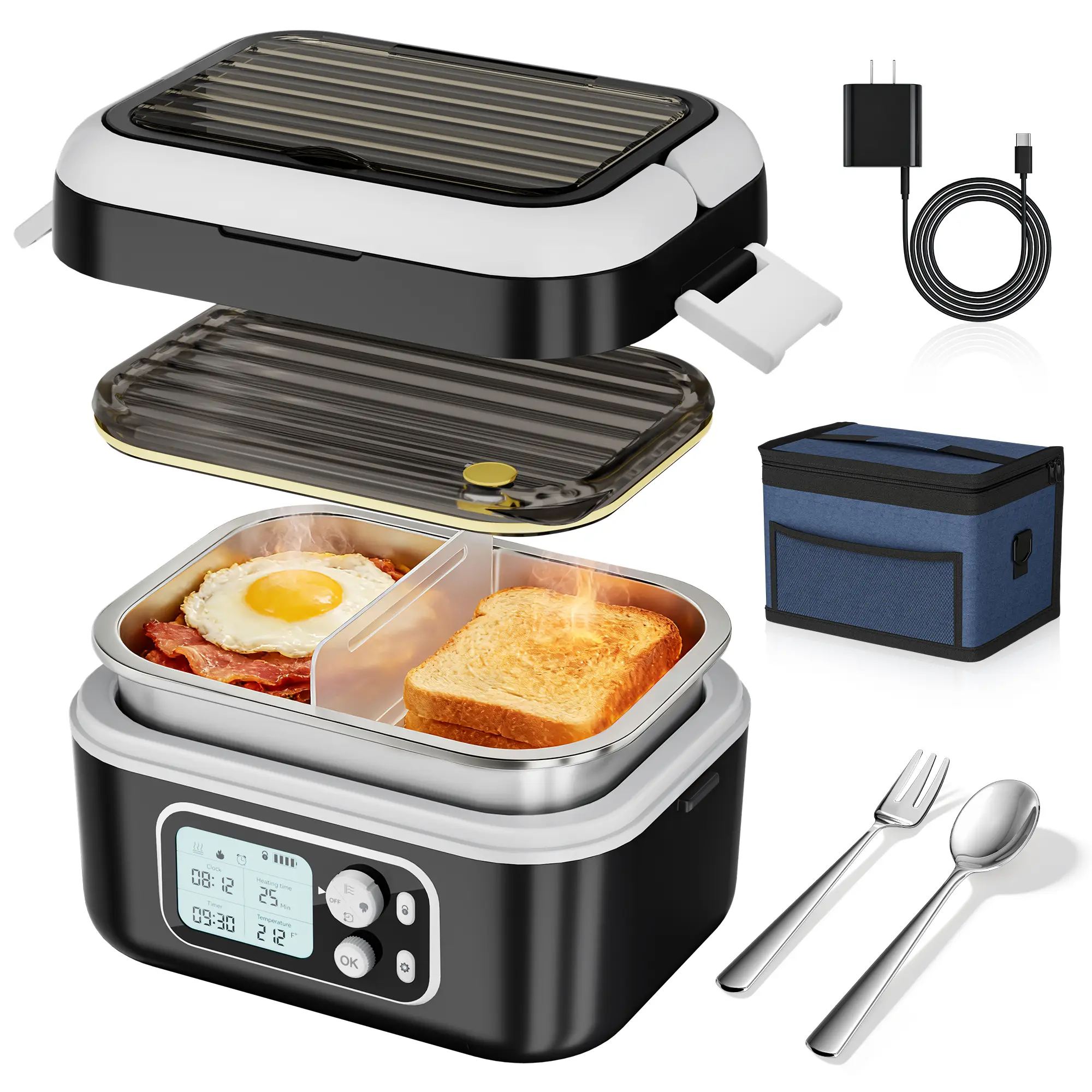 Yofidra Cordless Fast Heating Insulated Lunchbox Cooler - 24000mAh 100W Leakproof Meal Prep Containers, Smart Timer, 6.3-Cup Square Multi-Compartment, Black Stainless Steel Cutlery, Portable Lunch Solutions, Food Warmer Bag for Office, Home Essentials