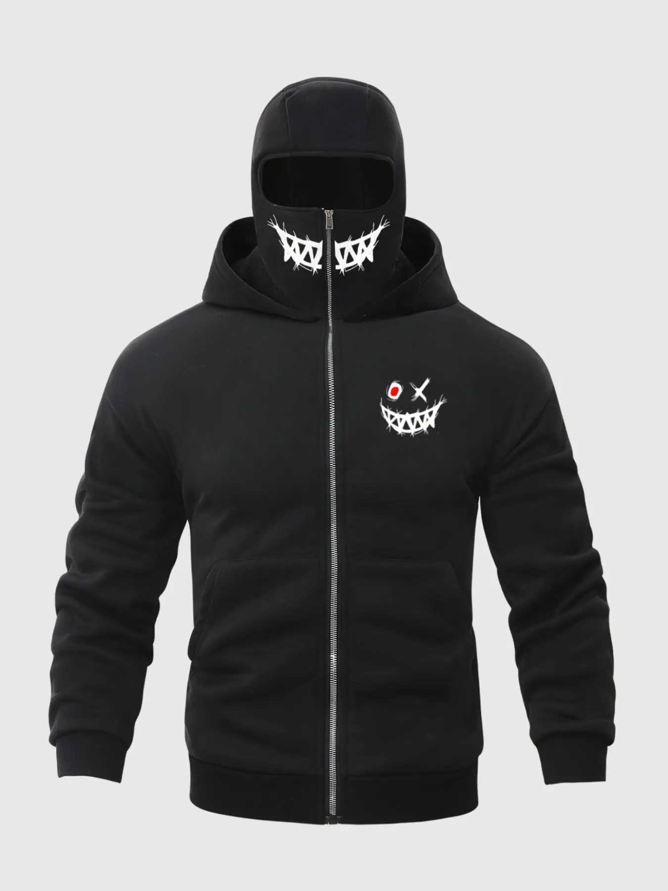 Men's Winter Hooded Knit Long Sleeve Sweatshirt with Zipper and Face Mask Design, Fun Smiley Print, Funny Sweatshirt Hoodie, Warm Casual Outdoor Sports Jacket, Graphic Hoodies, Heavyweight Streetwear Sweatshirts