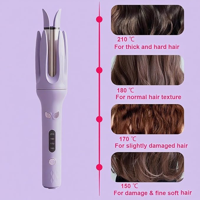 Professional Automatic Hair Curler - Portable Curler with 4 Temperature Settings, Adjustable Ceramic Rotating Wand, Negative Ion Tech, 110V-240V, Smooth Beauty Products (Pink/Purple), Curly Hair