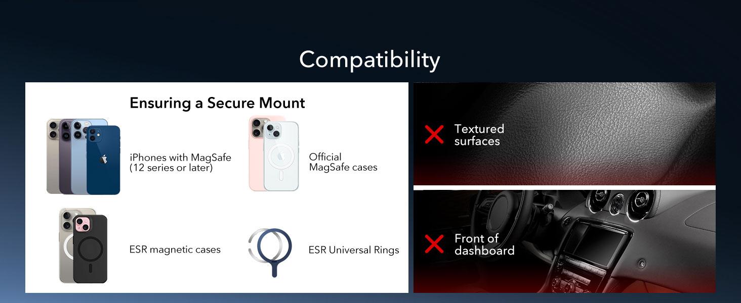 ESR for MagSafe Car Mount, Car Phone Holder, Tesla Touchscreen Car Mount, Magnetic Phone Holder for Car, for iPhone 17/16/16e/15/14/13/12, S25, Pixel 10, Charging Not Supported(2 Metal Rings Included)