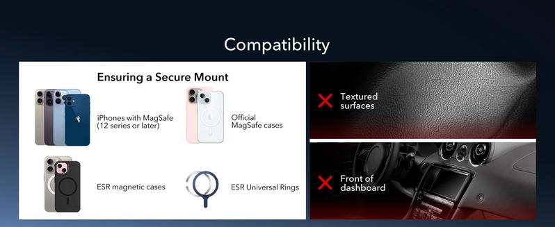 ESR for MagSafe Car Mount, Car Phone Holder, Tesla Touchscreen Car Mount, Magnetic Phone Holder for Car, for iPhone 17/16/16e/15/14/13/12, S25, Pixel 10, Charging Not Supported(2 Metal Rings Included)