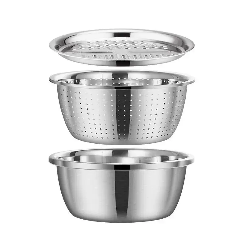 3PCS 304 SS Multi-Functional Thick Stainless Steel Colander & Mixing Bowl Nesting Set - 2 Sizes, Anti-Splash, Mirror Shine, 3-in-1 Vegetable Washer Rice Rinser, Camping Kitchen Outdoor Tableware Space-Saving Prep Essential