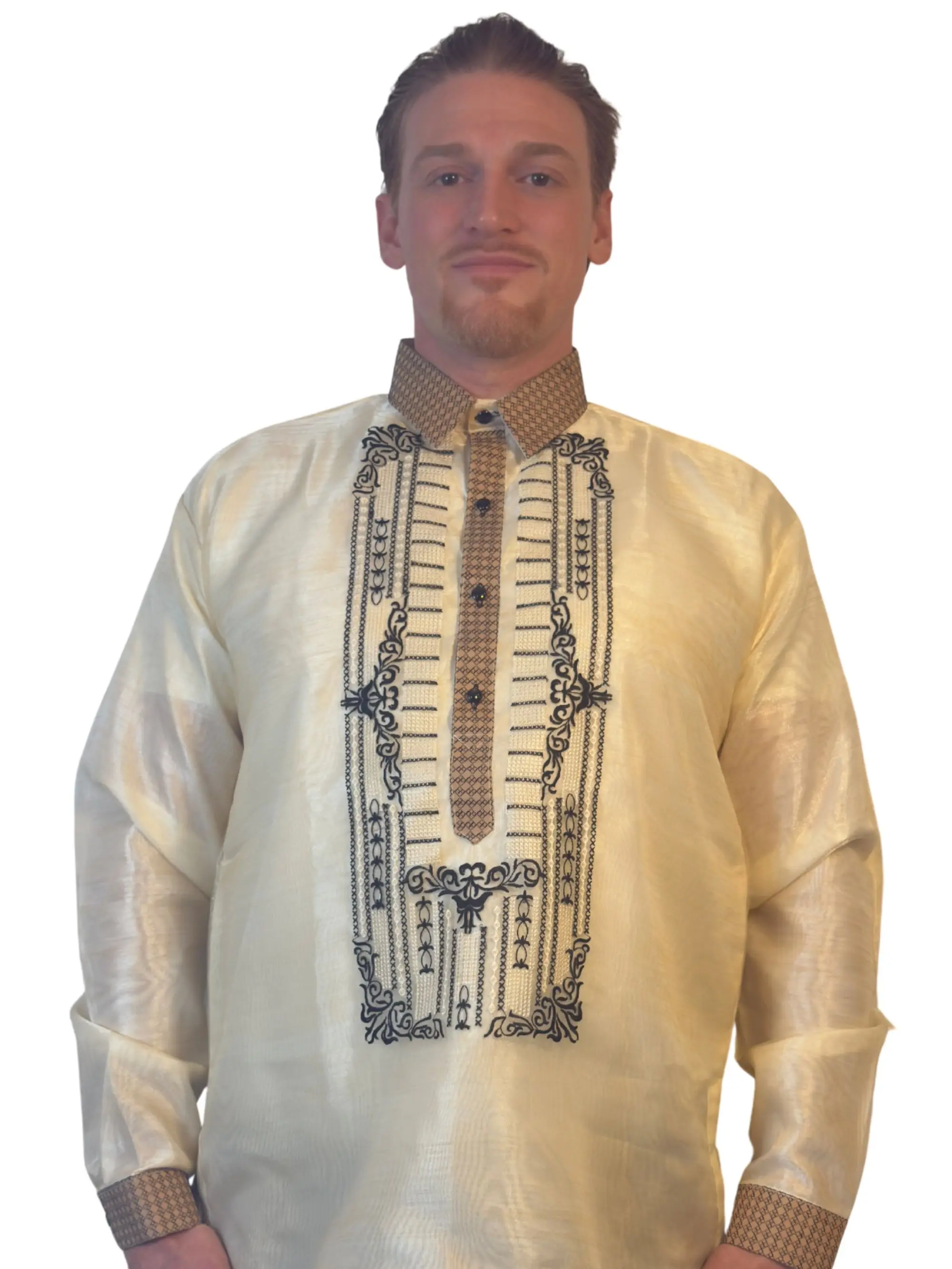 Handmade Kapamilya Barong Tagalog for Men - Long Sleeve Traditional Filipino Shirt - Cream Organza with Black and Brown Embroidery - US Size