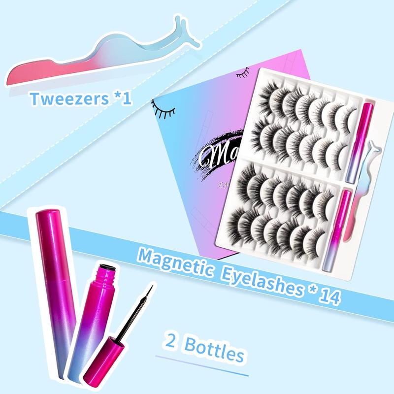 Magnetic Eyelashes Kit, Long Lasting and Reusable Magnetic lashes Natural Look, 14 Pairs False Eyelashes with Magnetic Eyeliner & Tweezers, Easy to Wear, No Glue Needed (14 Pairs)