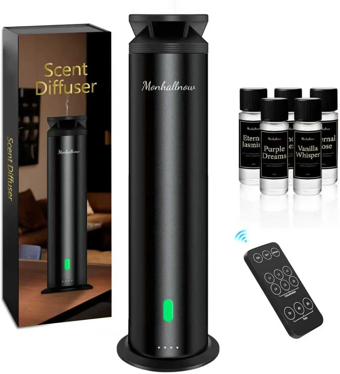 Waterless Scent Diffuser Starter Kit - 1000 Sq Ft Coverage, Luxury Tower Design, Includes 5 Scent Oils, Remote Control, Ultra Black, Cold-Air Nano Diffusion, 6 Intensity Levels