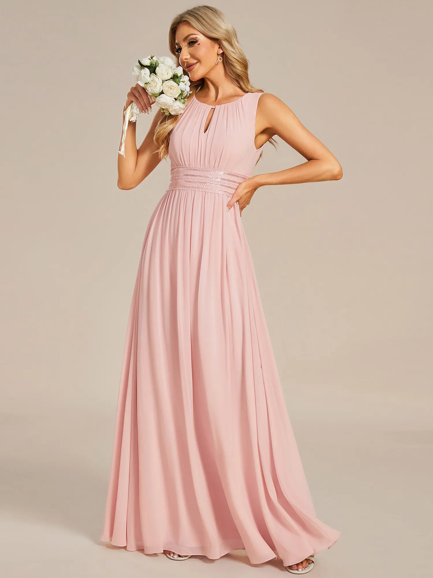 EVER PRETTY Women's Chic A-line Chiffon Bridesmaid Dress, Sleeveless Formal Wedding Guest Dresses with Hollow Out & Waist Ribbon, Basic, Formal Dresses For Women ES01955