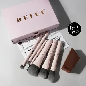 BEILI Bamboo Charcoal Mini Makeup Brush Set - 7pcs Matte Pink Travel Kit - Anti-Bacterial & Oil-Absorbing Bristles for Acne-Prone Skin - Portable Full Face Set