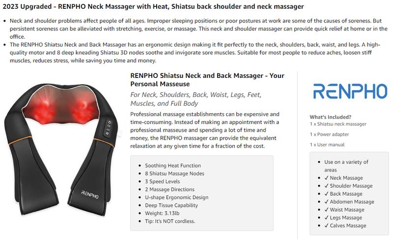 RENPHO Shiatsu Neck and Shoulder Back Massager with Heat, Electric Deep Tissue 3D Kneading Massage Pillow for Waist, Leg, Calf, Foot, Arm, Full Body Valentines Day Gift Choice for Man Women