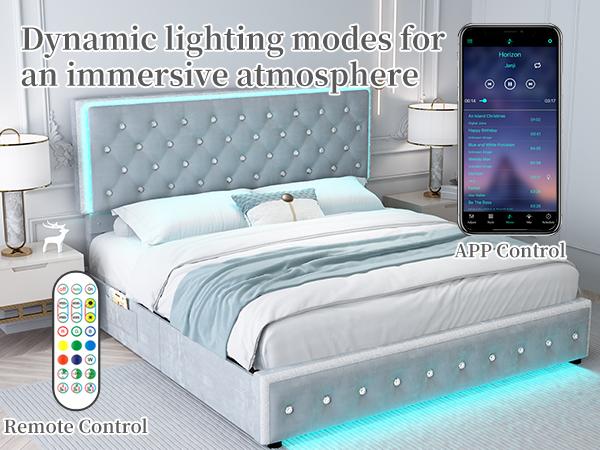 Sibeds Queen LED Bed Frame with 2 Storage Drawers, Adjustable Crystal Tufted Headboard, PU Leather & Velvet, Noise-Free Solid Slats, No Box Spring Needed, Easy Assembly, Modern Design