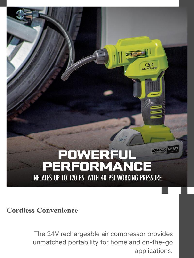 Auto Joe Cordless Portable Air Compressor Kit | W/ 1.3-Ah Battery, Nozzle Accessories, and Storage Bag 24V-AJC-MAX
