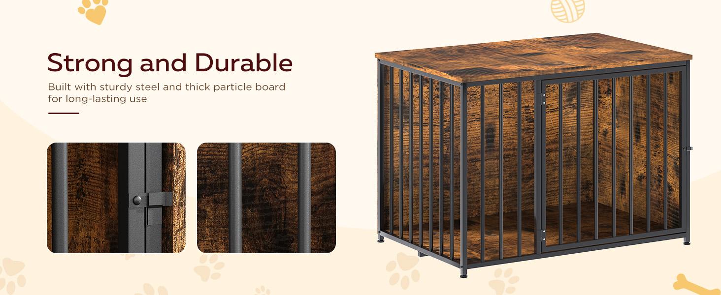 AECOJOY Dog Crate Furniture,Storage Cabinet, 36/42 Inch Wooden & Steel Rustic Brown Kennel for Large & Medium Dogs Escape-Proof Chew-Proof Adjustable Feet End Table