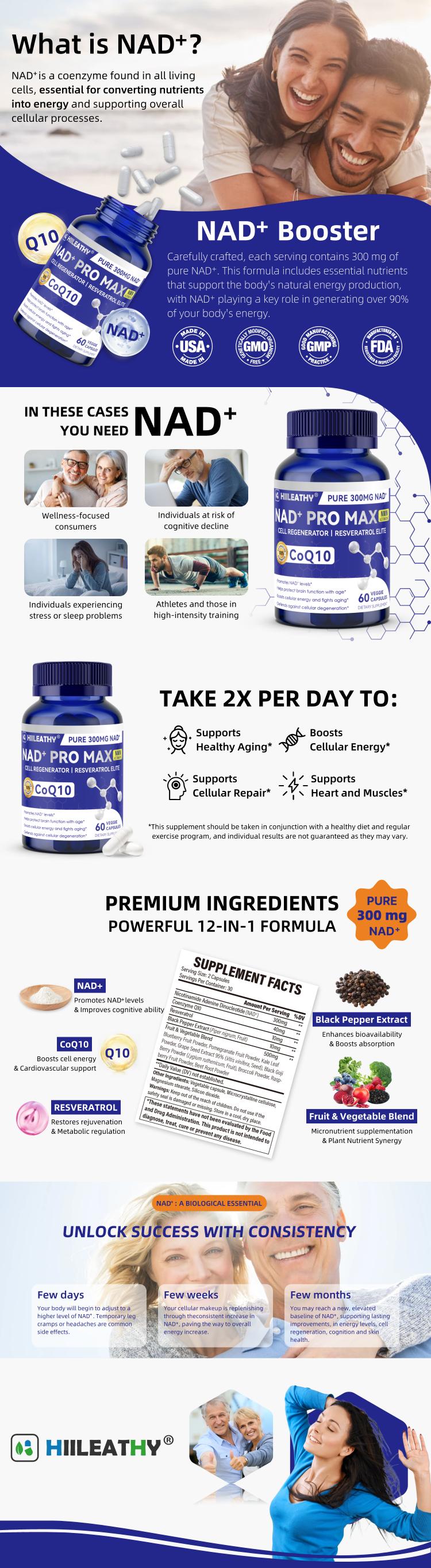 HIILEATHY NAD+ Pro Max - Premium 300mg NAD+, CoQ10 & Resveratrol Formula with Black Pepper Extract & Fruit-Vegetable Blend for Energy, Brain Support & Anti-Aging Support