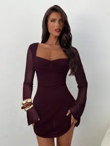 Aloruh Women's Elegant Square Neck Ruched Flare Sleeve Fitted A-Line Mini Dress,Wedding Party Dress,Wedding Guest Dress For Women,Birthday Outfit For Women Valentine's Day Valentine Outfits For Women Valentines Day Dress Spring Outfit Women Elegant Dress