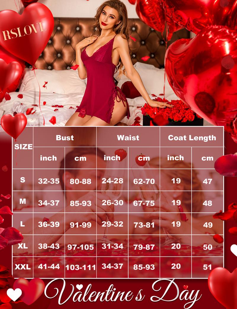 RSLOVE Valentine's Day Women's Sexy Lace Lingerie Soft V Neck Nightie Sleepwear with Sultry Side Slit and Bow Accents Flattering Nightgown Set Loungewear Basic Fabric Butterfly Elastic Womenswear night gown for women