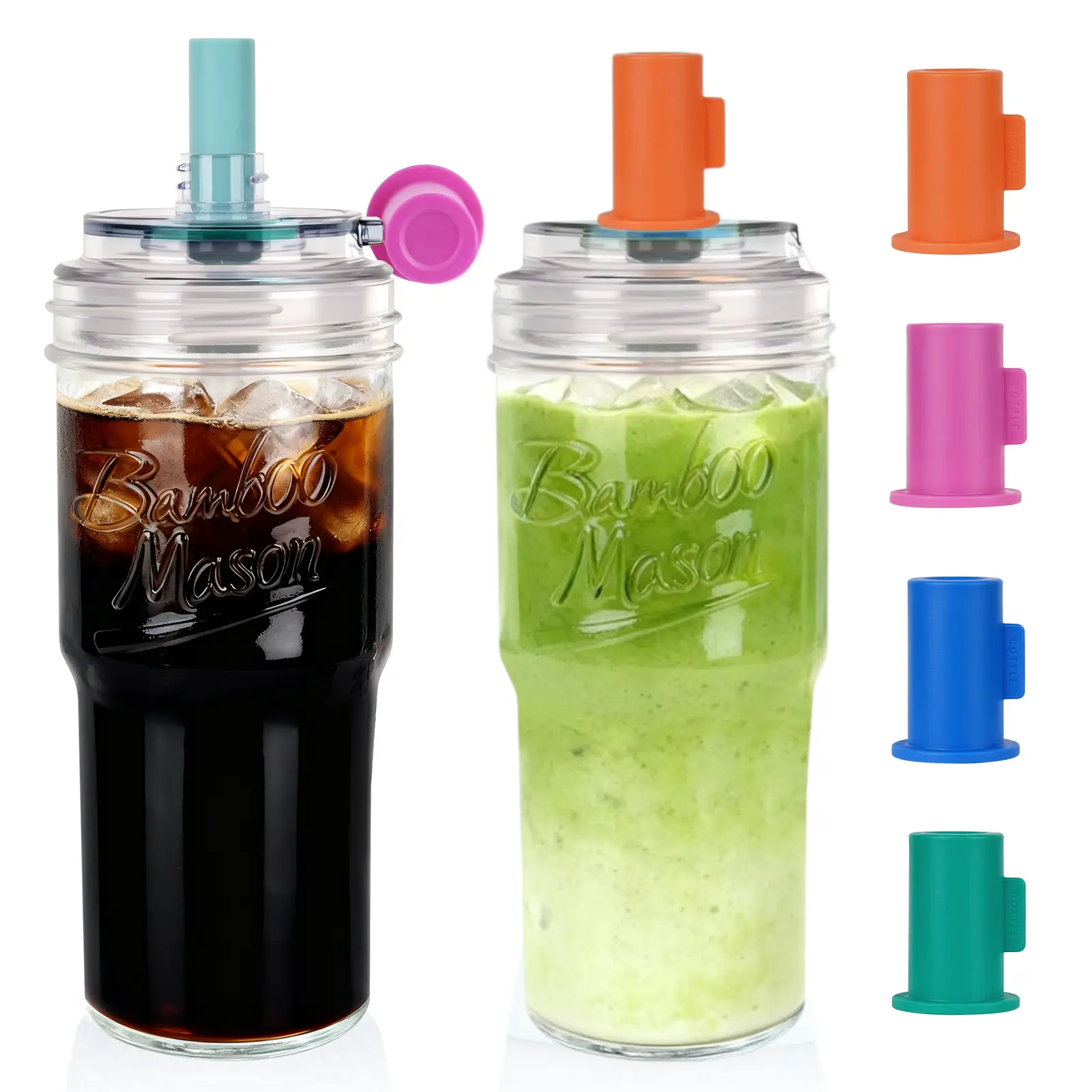 CAPCUP 2-Pack 24oz Leak-Proof Portable Crystal Glass Tumbler Set - Thickened Washable Water Bottles with Lid & Straw for Iced Coffee, Travel - Dishwasher Safe for Home, Office, Waterbottles