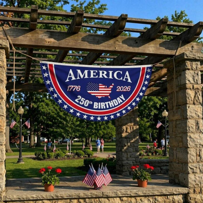 America 250th Birthday Semicircular Flag Banner 1776-2026 Patriotic Bunting, 4th of July Accessories Outdoor Banners, Fourth of July Decor, Home & House Decor for Porch Fence