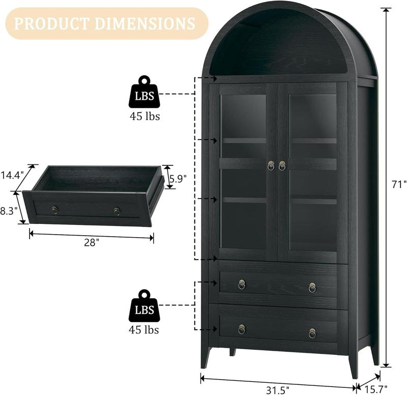 71" Tall Arched Kitchen Pantry, Pantry Cabinet, Kitchen Storage Cabinets with 2 Large Drawers & Adjustable Shelves & Glass Door for Living Room, Dining Room, Black 71" Tall Arched Kitchen Pantry, Pantry Cabinet, Kitchen Storage Cabinets with 2 Large Drawers & Adjustable Shelves & Glass Door for Living Room, Dining Room, Black