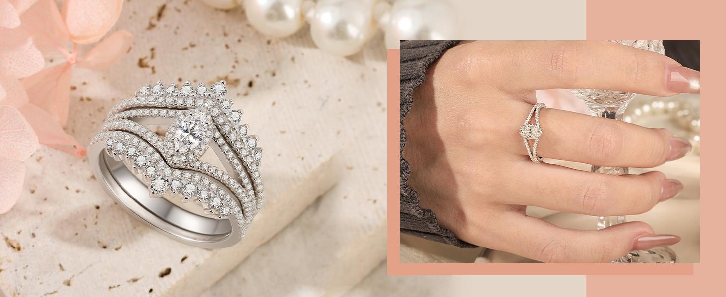 Jeulia Marquise Cut Moissanite Engagement Ring Bridal Set for Women | D Color VVS1 925 Sterling Silver 2-Piece Wedding Promise Ring Set | with GRA Certificate & Gift Box, Gift for Her