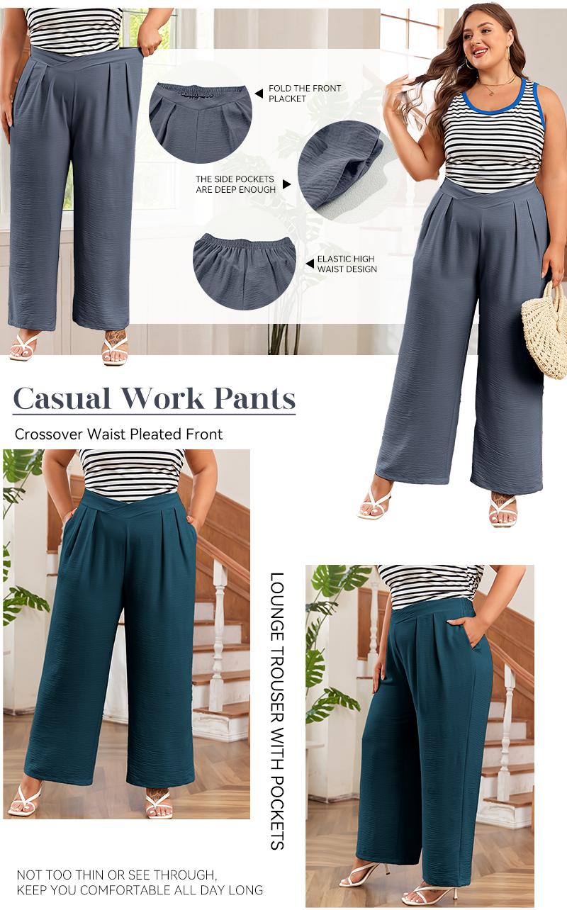 Eytino Womens Plus Size Wide Leg Pants Crossover Waist Pleated Front Casual Work Pants Lounge Trouser with Pockets(1X-5X)
