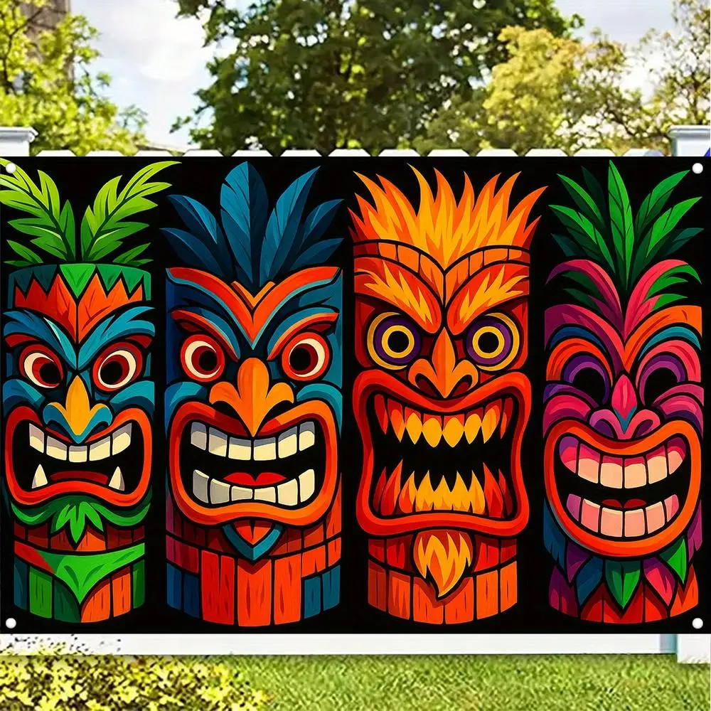 Durable Polyester Tiki Mask Array Backdrop Banner - 1pc 2D Flat Colorful Masks Design Decoration for Hawaiian Theme Happy Birthday Parties, Photo Booths, Birthday Ideas