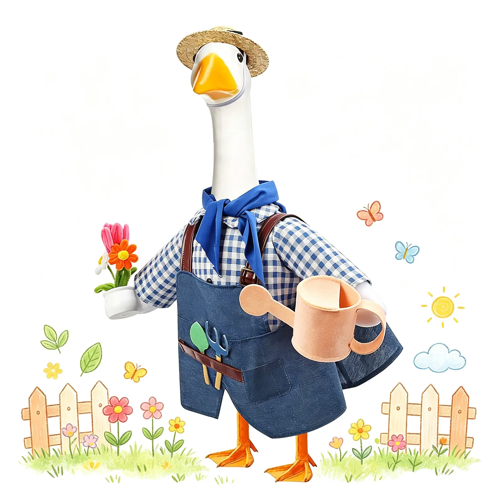 Gardener Porch Goose Outfit for 23 Inch Cement Plastic Goose Statue, 2Pcs Gardening Goose Costume with Hat, Scarf, Mini Tools, Watering Can & Flower Pot Decor, Spring Summer Cute Yard Lawn Front Porch Garden Ornament