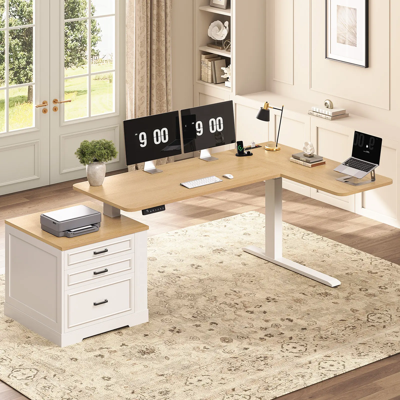 SEDETA 70.9-Inch Farmhouse L-Shaped Electric Standing Corner Home Office Desk, Height-Adjustable PC Gaming Workstation with 3 Storage Drawers, Power Outlet & Adjustable Sizing Office Furniture, Home Office Desks, Adjustable Sizing Desks