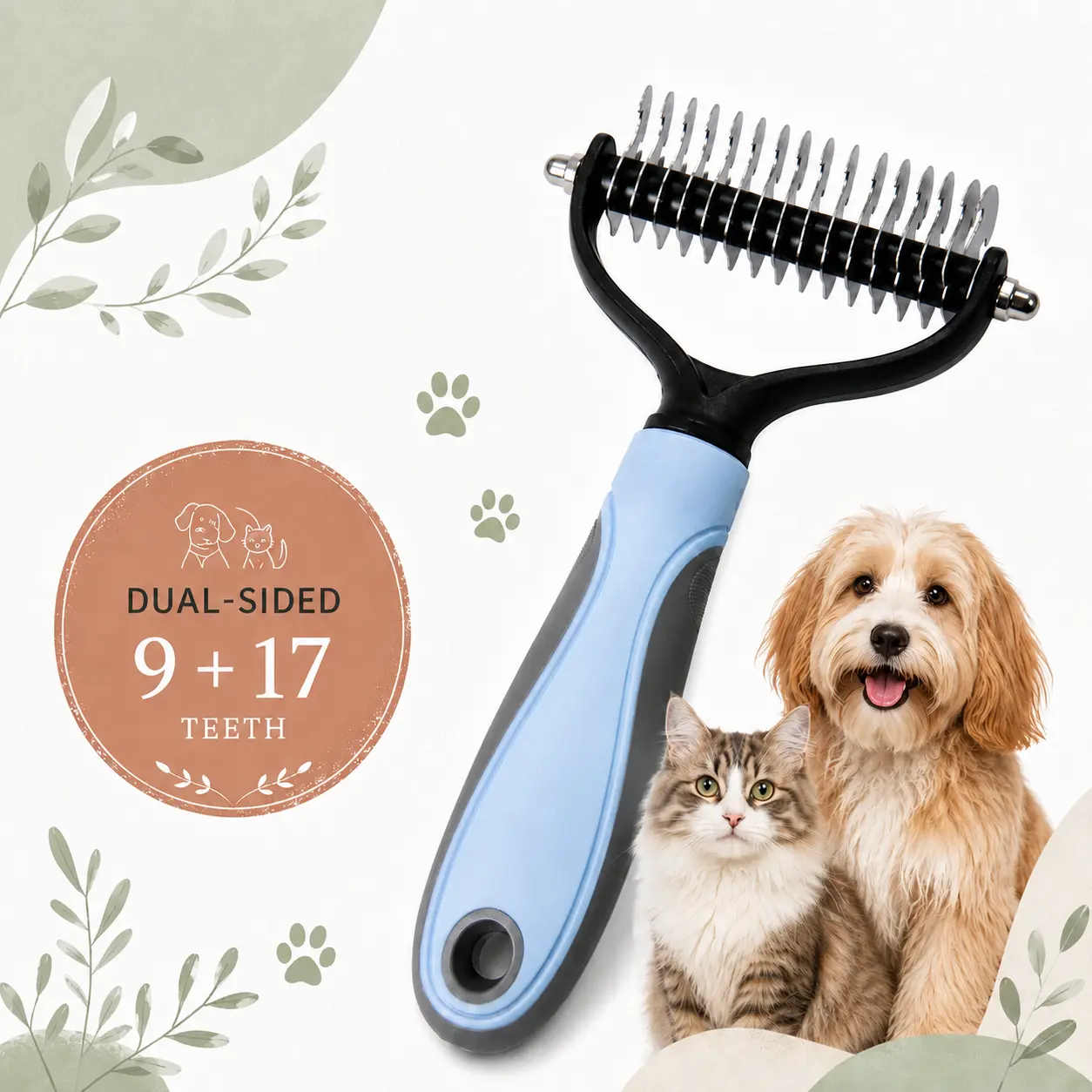 QUBIXPAW Dual-Sided Dog Brush for Shedding, 9+17 Teeth Undercoat Rake & Dematting Comb for Long Hair Dogs Cats, Grooming Tool for Thick Coats and Loose Fur