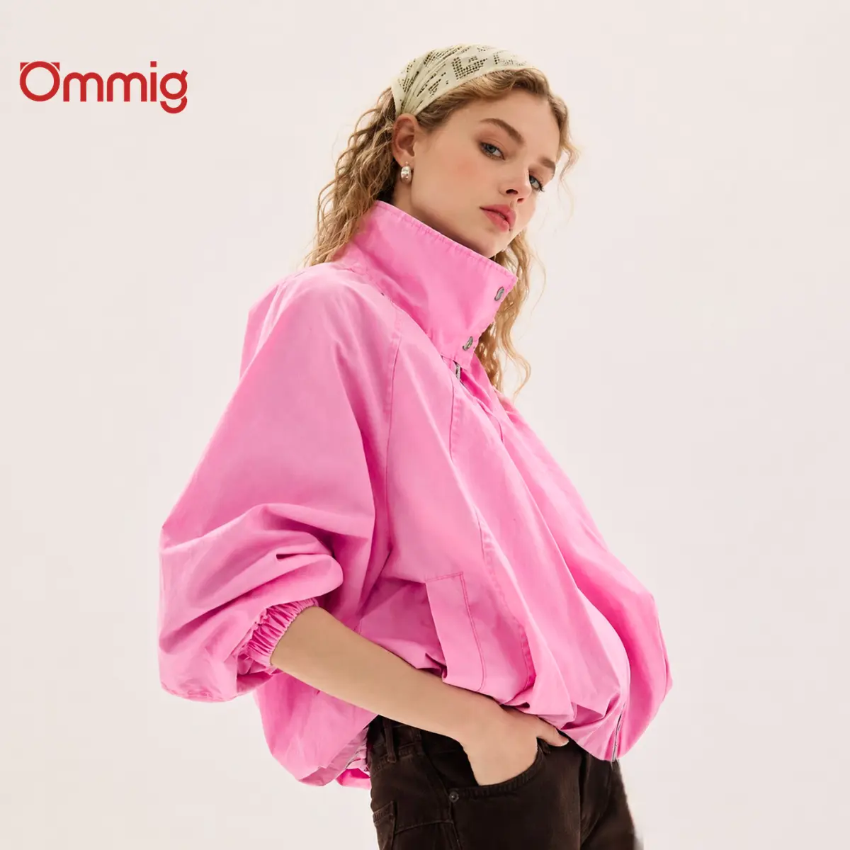 Ommig Women's Chelsea Funnel-Neck Long Sleeve Jacket, Soft Polyester Basic Style, Loose Fit with Elastic Cuffs, Lightweight Everyday Streetwear Casual Outerwear
