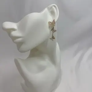 Pink Butterfly 14k Gold Plated Drop Earrings with Sparkling Rhinestones for Women's Fashion Accessories