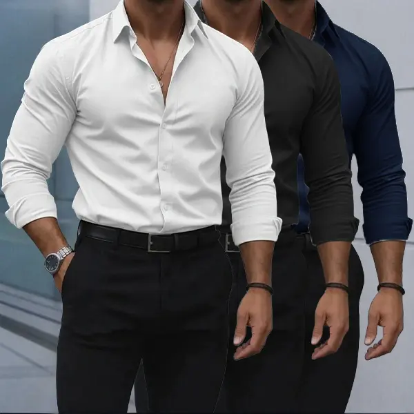 Men’s 3-Pack Slim-Fit Long Sleeve Dress Shirts - Breathable, Wrinkle-Resistant, No-Iron Fabric, Comfortable Fit - Classic Style for Office, Blazer, Suit, Tie Pairing