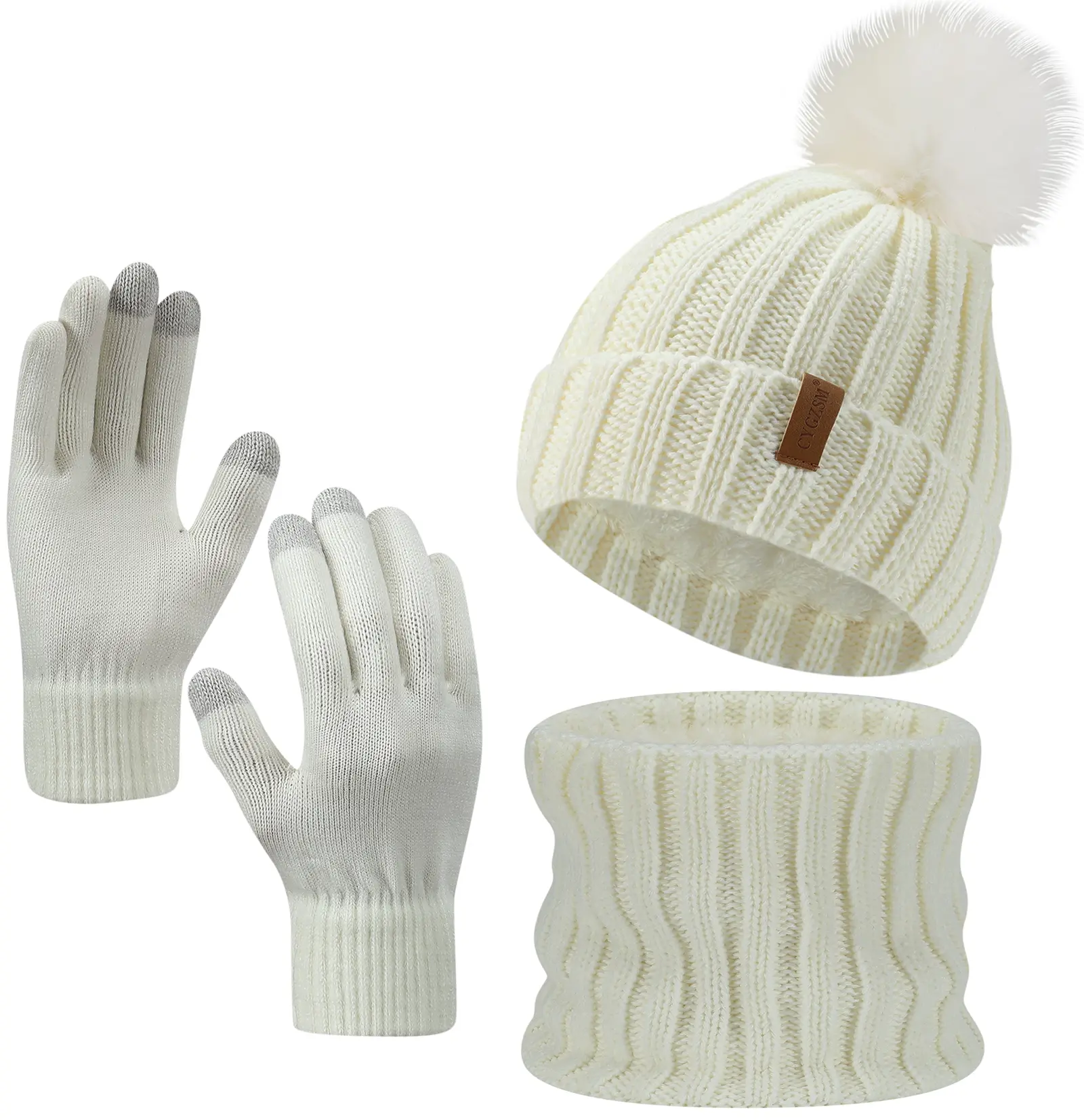 Female 3-Piece Winter Warm Christmas Theme Knitwear Set - 100% Lightweight Acrylic Knit Beanie, Plain Scarf, Buckle Closure Gloves with Faux Fur Trim, Thick Plush Polyester Lining, Sports Style Stylish Accessories, Hiking, Cold Weather, Machine Wash, 100%