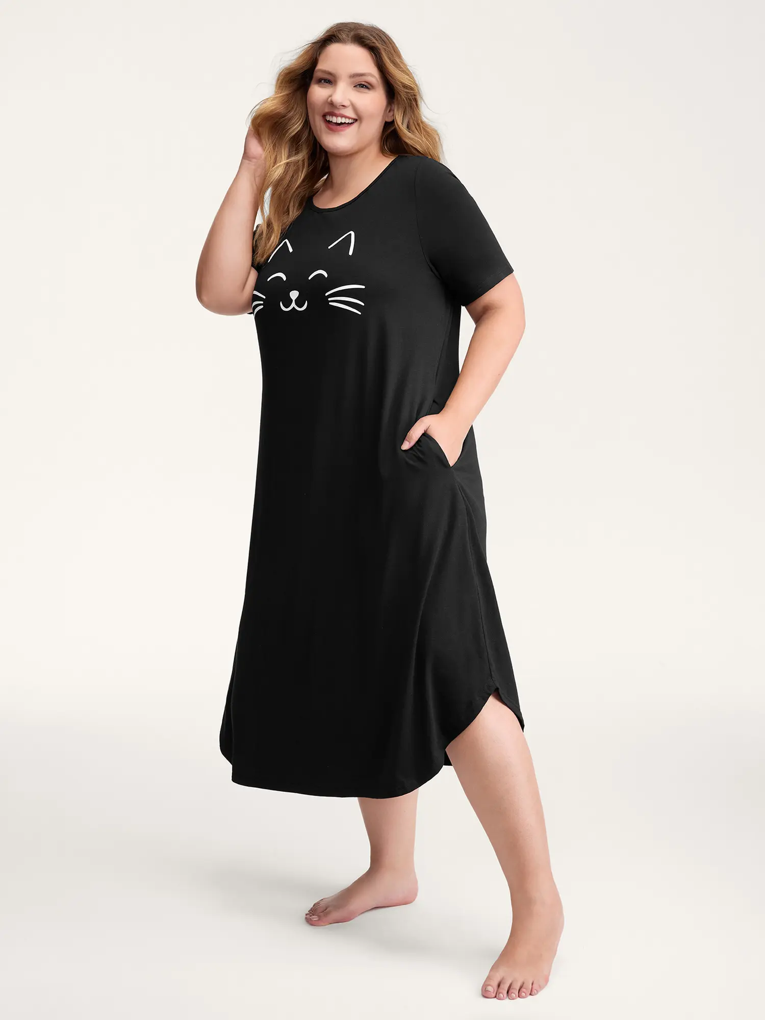 BLOOMCHIC Women's Happy Cat Print Elastane Contrast Sleep Dress - Fashion, Butter-Soft Polyester Blend, Comfy Lightweight Pocket Nightgown, Round Neck, Breathable, Machine Washable, Pajama Style Summer Loungewear