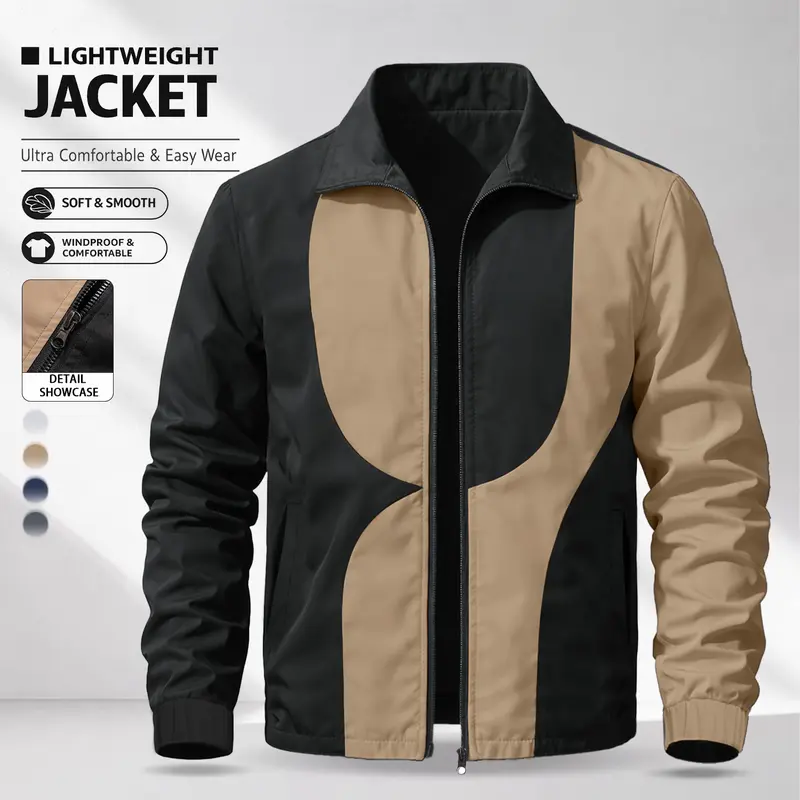 Men’s casual color-block collared jacket with a lightweight design—lightweight and comfortable, suitable for campus outings, sports and leisure, and everyday commuting to work. A minimalist, lightweight jacket for spring and summer.