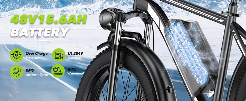 [26"X4" Tire] Electric Cycle Peak 1500W Off Road  Full Suspension 48V 15.6Ah Removable Battery 30-50 Miles Range Dual Seat Fat Tire E Bike with LED Headlight UL 2849 Certified