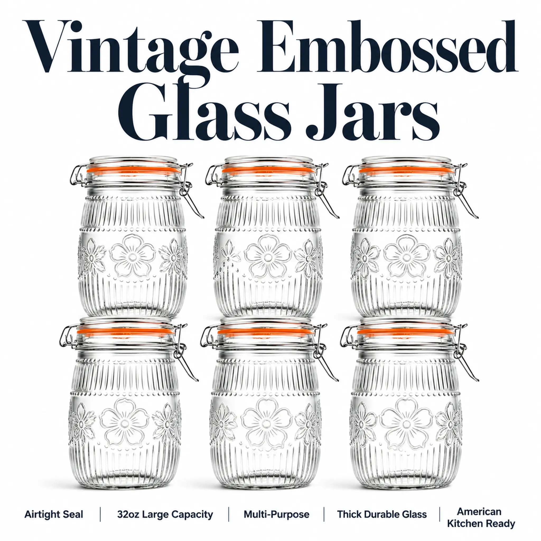 32 oz Wide-Mouth Lead-Free Glass Mason Jars - Aesthetic Rustic Vintage Heavy-Duty Stackable Anti-Leak Jars with Airtight Silicone-Lined Metal Lids for Coffee, Fermenting, Canning, Food Storage, Bathroom Canisters