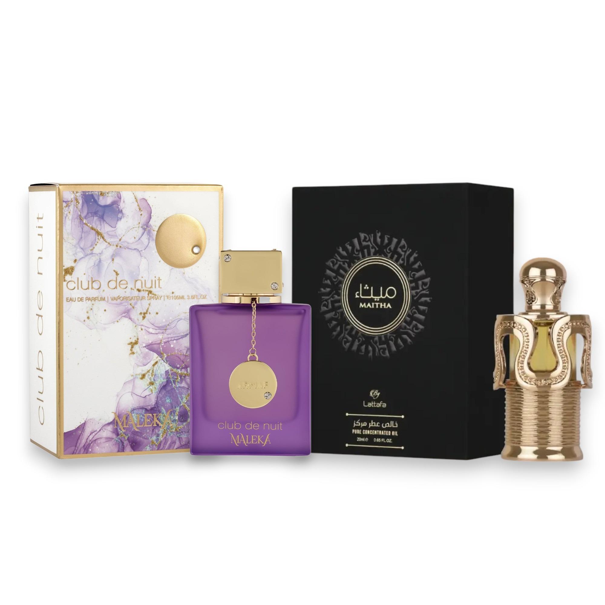 Cleopatra's Iris | Lattafa Perfumes | Maitha Pure Concentrated Oil + Armaf Perfumes | Club De Nuit Maleka | Eau De Parfum | Woman's Fragrance | Sweet - Vanilla & Amber Notes