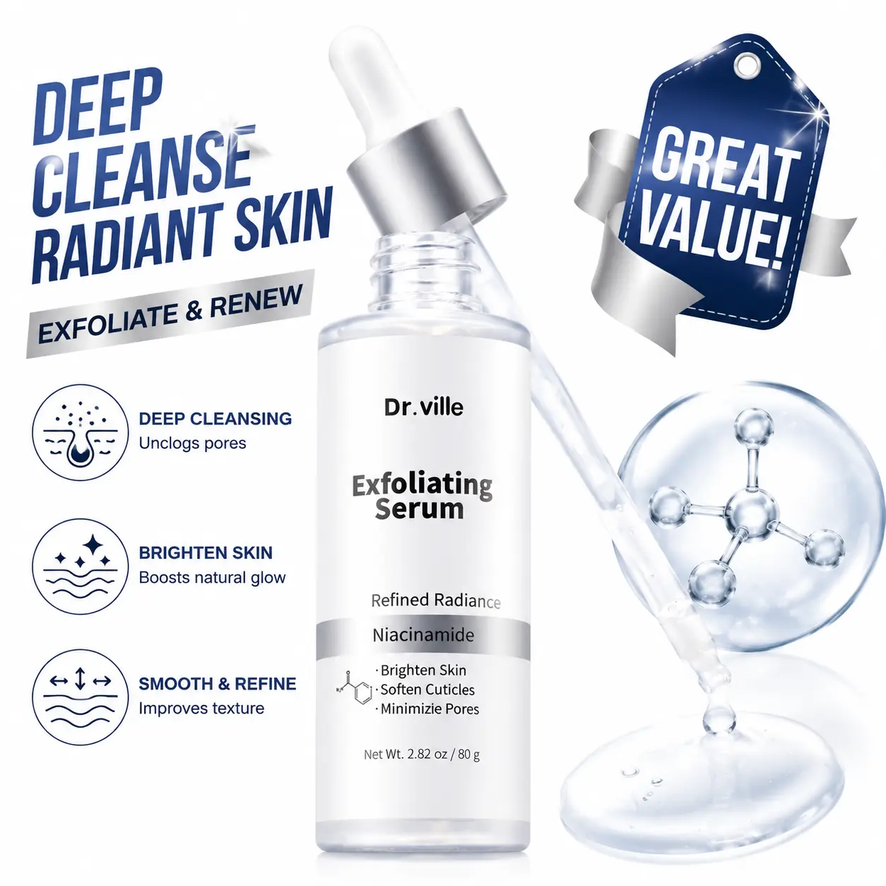 Dr.ville Exfoliating Serum with Salicylic Acid & Niacinamide, Blackhead Remover, Pore Minimizing and Oil Control Skin Refining Serum 80g-A