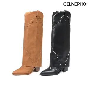 CELNEPHO Women Cowboy Boots Pointed Toe Chunky Block Heel Western Knee High Boot Vintage Fashion Studded Fold Over Design Easy Pull on Tabs Country Wedding Horse Riding Casual Wearing Cowgirl Dress Shoes