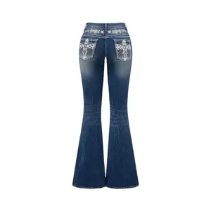 Grunge Punk Vintage Millennium Women's Low Waist Flare Jeans with Cross Wings Embroidery Slim Fit Curvy Skinny Denim Spring Fall Casual Daily Wear