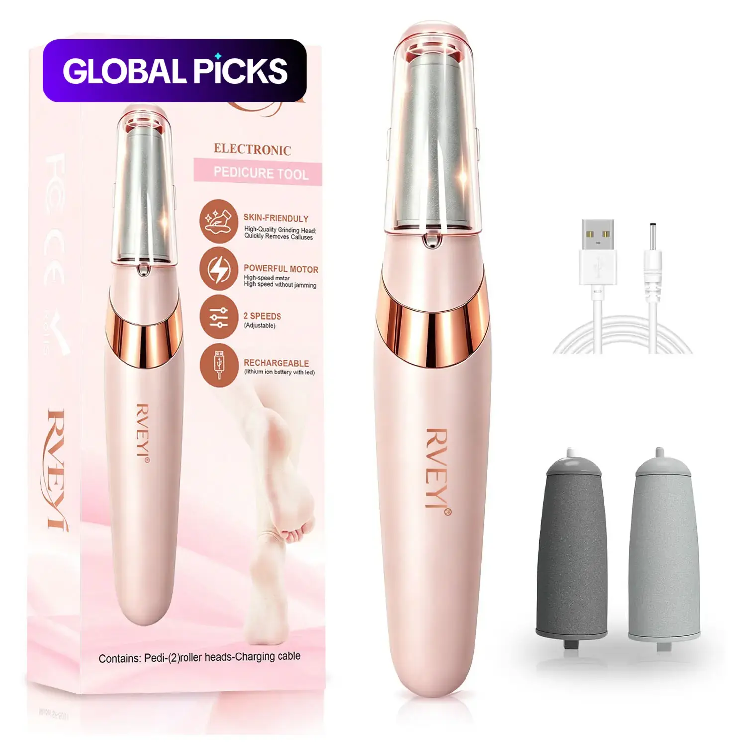Rechargeable Electric Foot Callus Remover, Electronic Foot File with 2 Adjustable Speeds, Washable Grinding Head and LED Light, Cordless Portable Pedicure Tool, Dead Skin Remover For Feet and Foot Rasp #GLOBAL PICKS