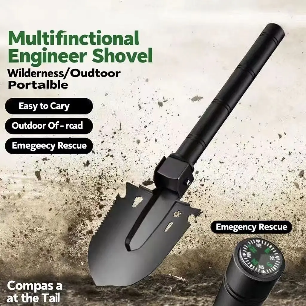 Tough Engineer Shovel, Survival Supplies for Wilderness & Off-Road Use, Sturdy Portable Tool with Compass, Hex Wrench & Saw for Outdoor Pros, Well Designed Blades